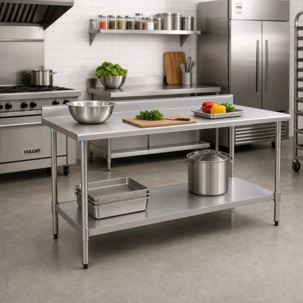 Eagle Group BlendPort® BPT-2448SEB-BS 48 x 24 Inch Stainless Steel Work Table, 300 Series Top, 4-1/2-Inch Backsplash, Adjustable Undershelf