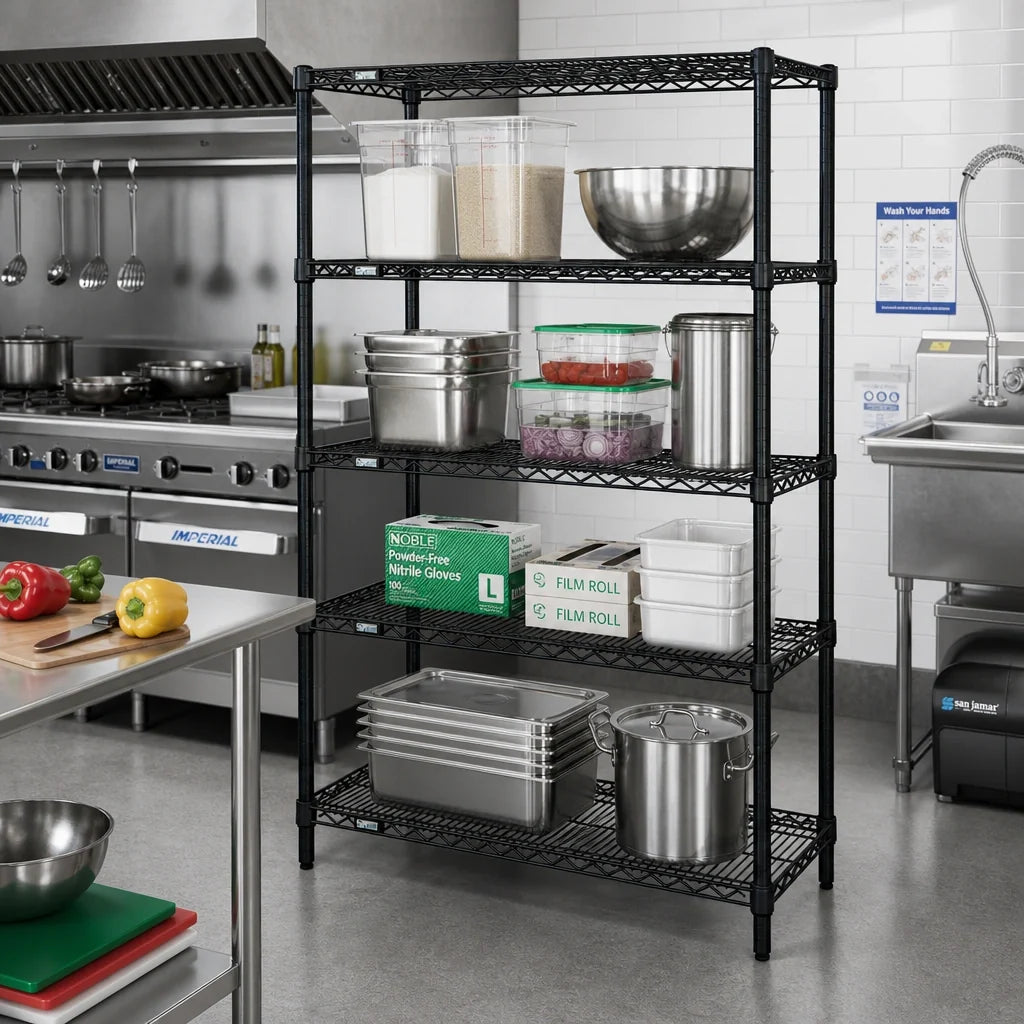 Quantum WR86-3048BK Wire Shelving Starter Unit, 48"W x 30"D x 86"H, 4 Shelves, Black Epoxy Finish