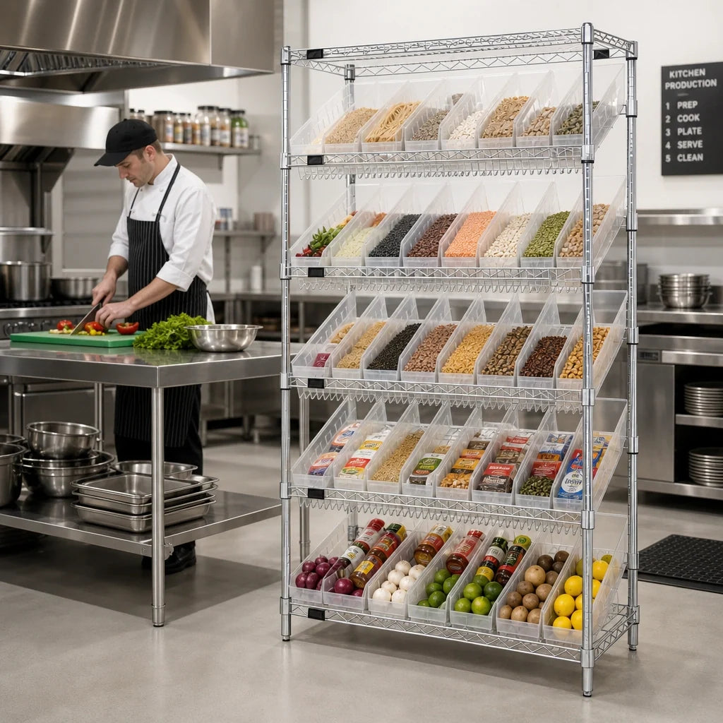 Quantum WRS-7-103CL Stationary Chrome-Plated Wire Shelving Bin System with 48 Clear Bins, 7 Shelves, 36W x 18D x 74H