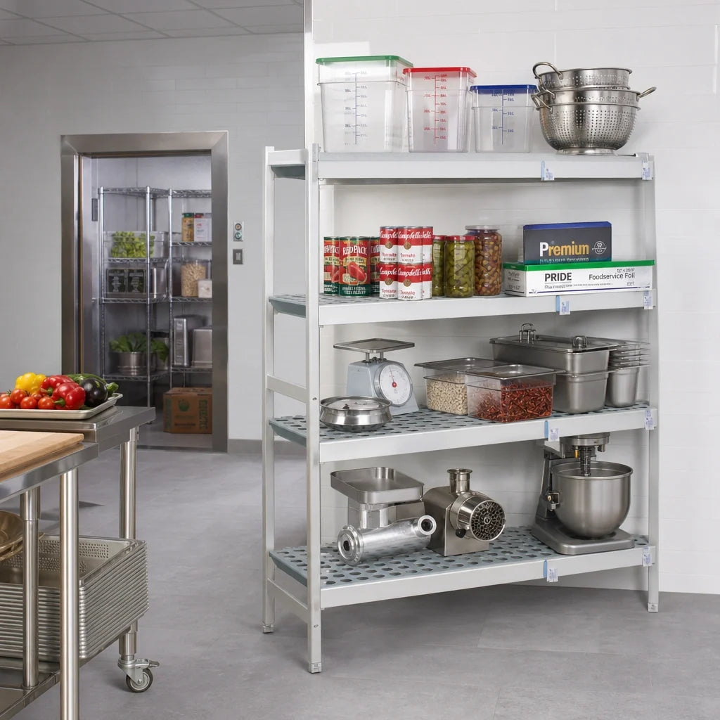 Fermod Fermostock 4R68A83-CE 4-Tier Perforated Corner Expansion Polymer Shelving Unit, 83" H x 68" W x 14" D