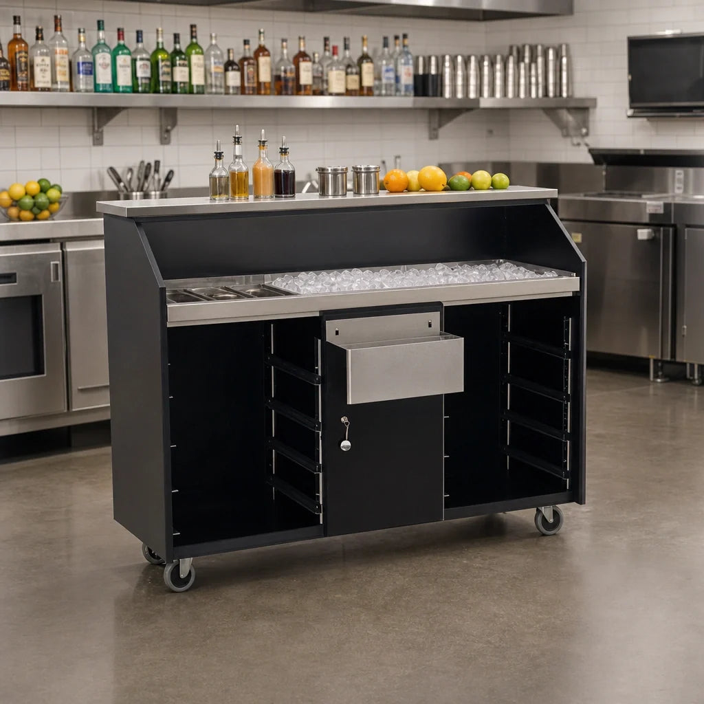 Eagle Group Deluxe DPB-5-W Indoor Portable Bar, 63W x 24-3/8D x 48H, White Melamine/Black Formica, Stainless Work Surface, Ice Bin, Speed Rail