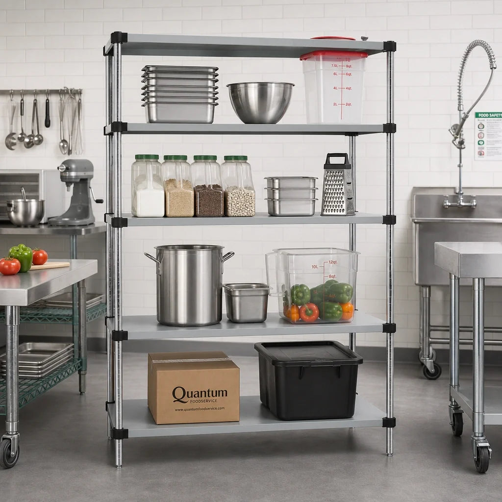 Quantum WRS4-74-1848SS Stationary Solid Stainless Steel Shelving Starter Kit, 48" W x 18" D x 74" H, 4 Shelves