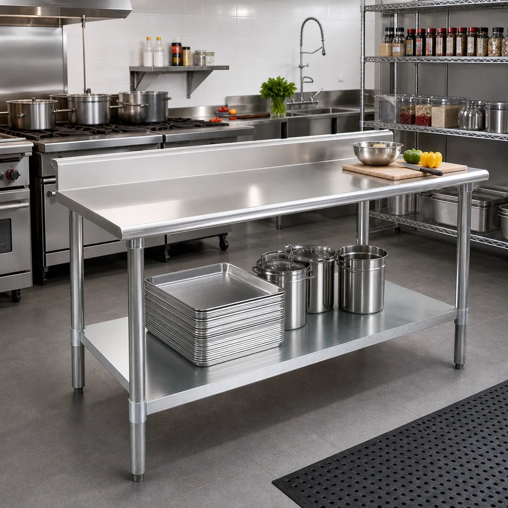 Eagle Group Spec-Master T36108E-BS 108 x 36 Inch Stainless Steel Work Table with 4-1/2 Inch Backsplash and Galvanized Undershelf