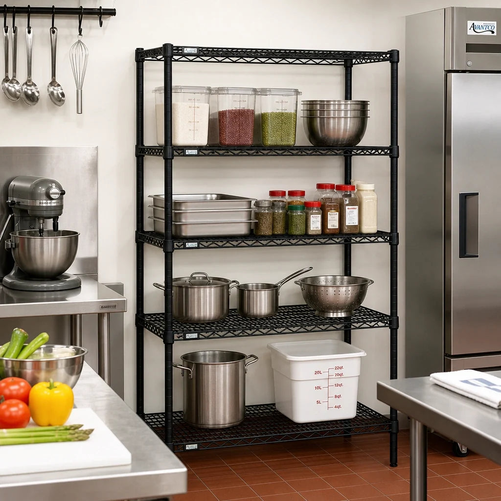 Quantum WR74-3672BK Stationary Black Epoxy Wire Shelving Starter Unit, 72"W x 36"D x 74"H, 4 Shelves, 4 Posts