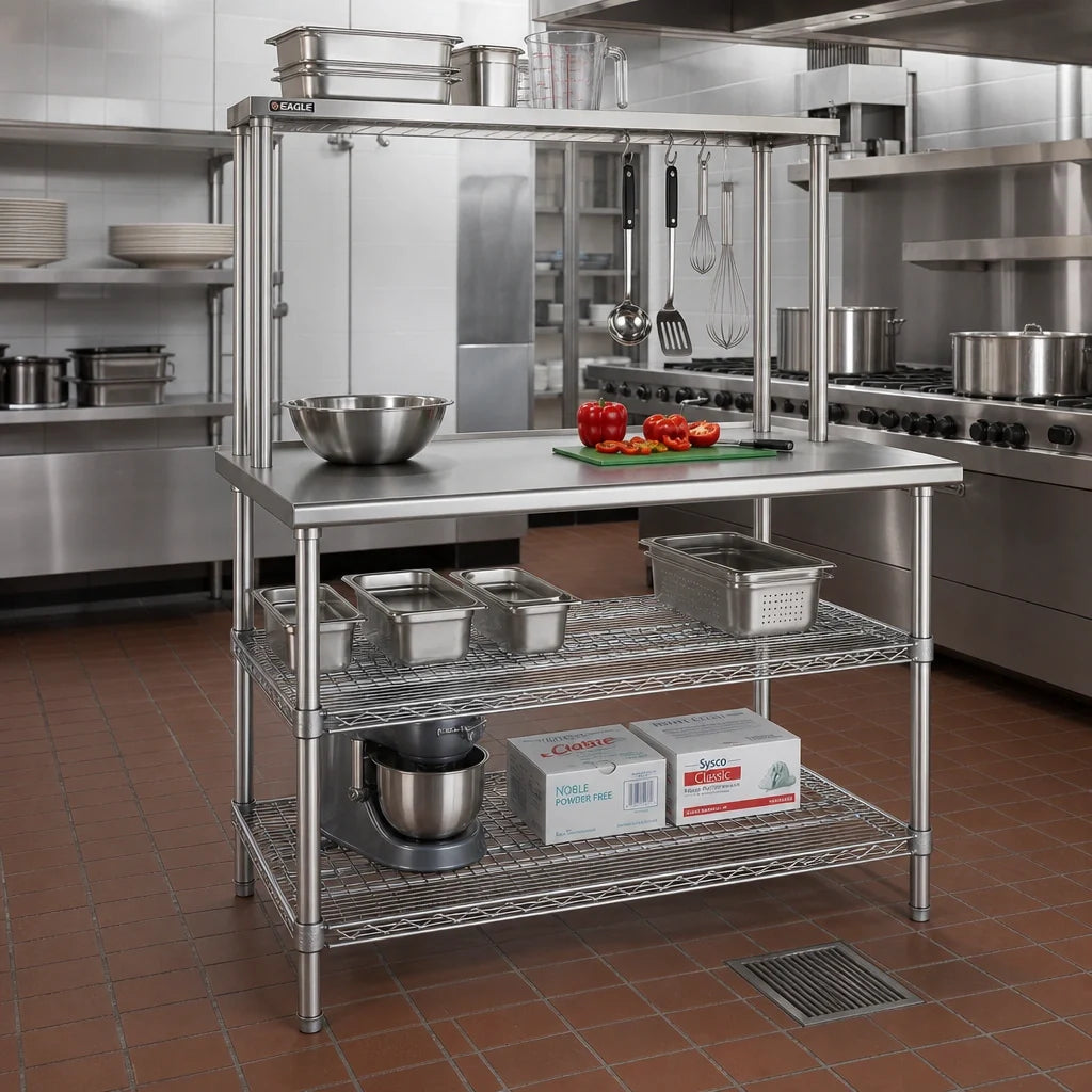 Eagle Group AdjusTable T3036EW-1 36" x 30" One-Tier 14-Gauge Stainless Steel Work Surface System with Adjustable Overshelf and 2 Undershelves