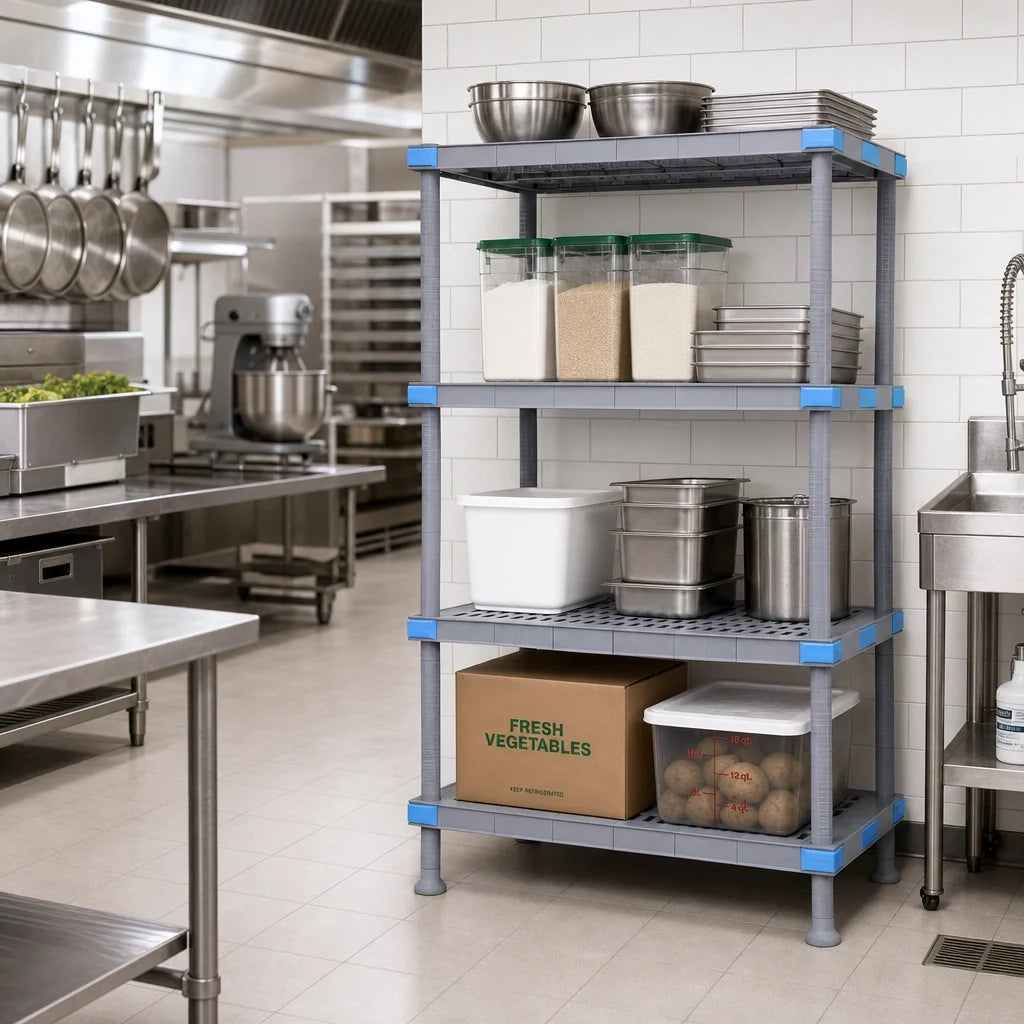 Quantum QP186050VS-4 4-Shelf Polymer Shelving Unit with Dunnage Stand, 60"W x 18"D x 50"H, 2,000 lb Capacity, Gray