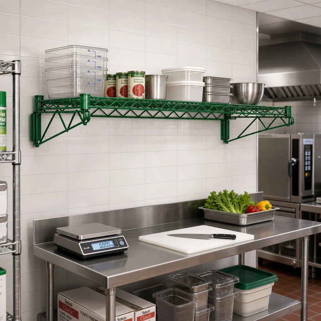 Quantum WDWB2172P Wall-Mounted Cantilever Wire Shelf Kit, 72 x 21 Inches, Green Epoxy Antimicrobial Finish