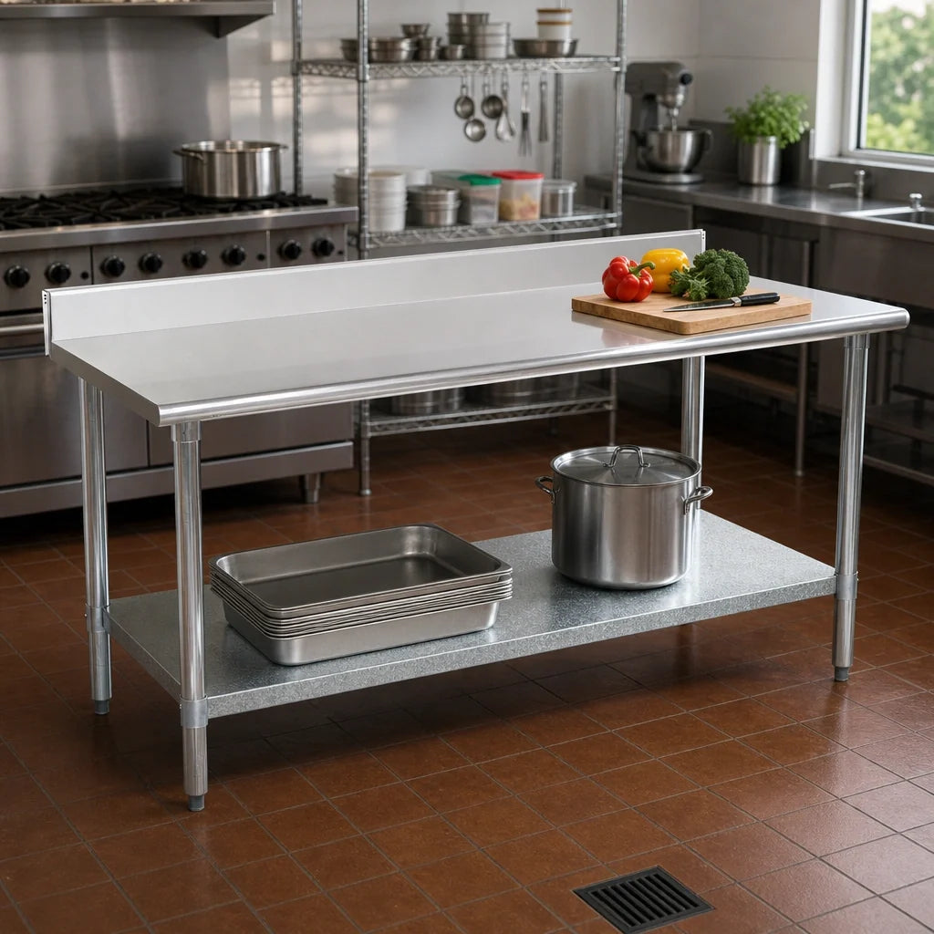 Eagle Group Spec-Master T24108E-BS 108-Inch Stainless Steel Work Table with Backsplash, Galvanized Undershelf, 14-Gauge 300 Series Top