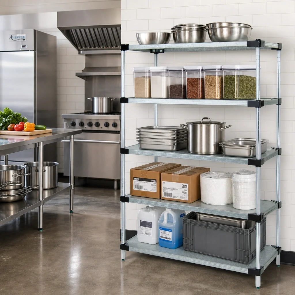 Quantum WR54-1872SG-5 Stationary Solid Shelving Starter Unit, 72"W x 18"D x 54"H, 5 Galvanized Steel Shelves, Chrome Posts