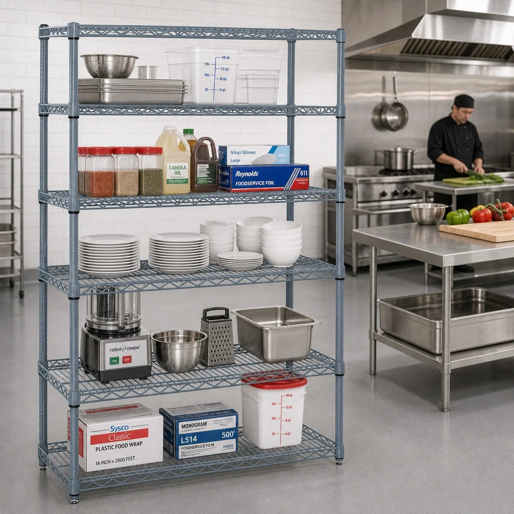 Quantum WR74-2172GY-5 Wire Shelving Starter Kit, 72"W x 21"D x 74"H, 5 Shelves, Gray Epoxy Finish