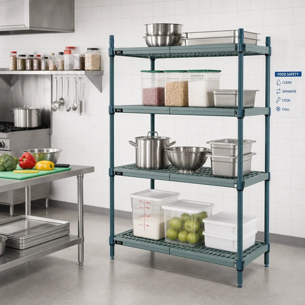 Quantum WR74-1860WPM 4-Tier Stationary Wire Plastic Mat Shelving Unit, 60W x 18D x 74H, Green Epoxy Finish
