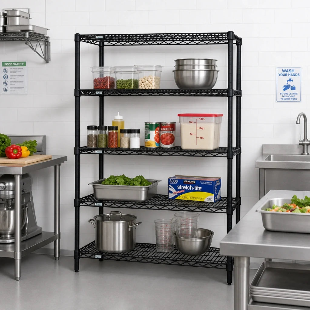Quantum WR74-1448BK Commercial Wire Shelving Starter Kit, 48"W x 14"D x 74"H, 4 Shelves, Black Epoxy Antimicrobial