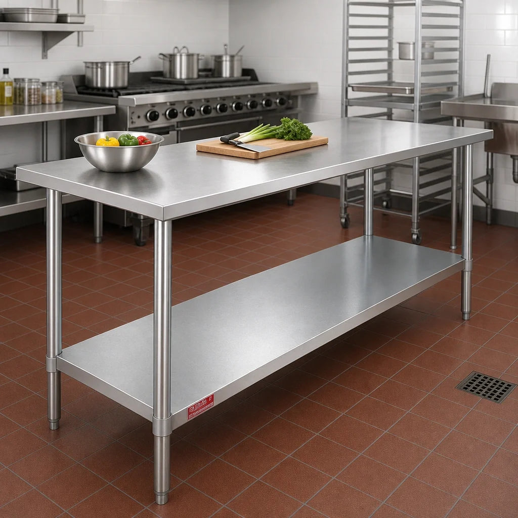 Duke Manufacturing 316-24108 108-Inch x 24-Inch 16/300 Stainless Steel Work Table with Galvanized Undershelf, Flat Top