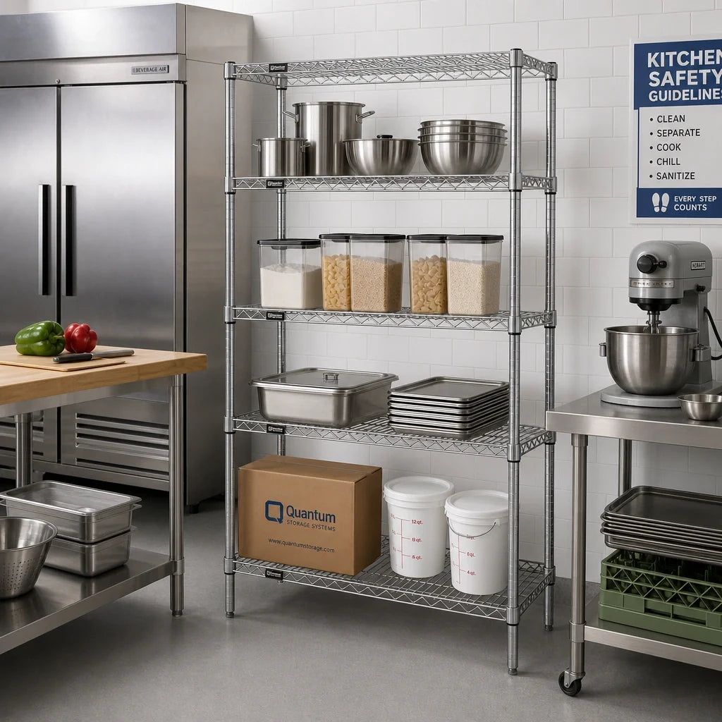 Quantum WR63-1430C Stationary Wire Shelving Starter Kit, 30"W x 14"D x 63"H, Chrome, 4 Shelves