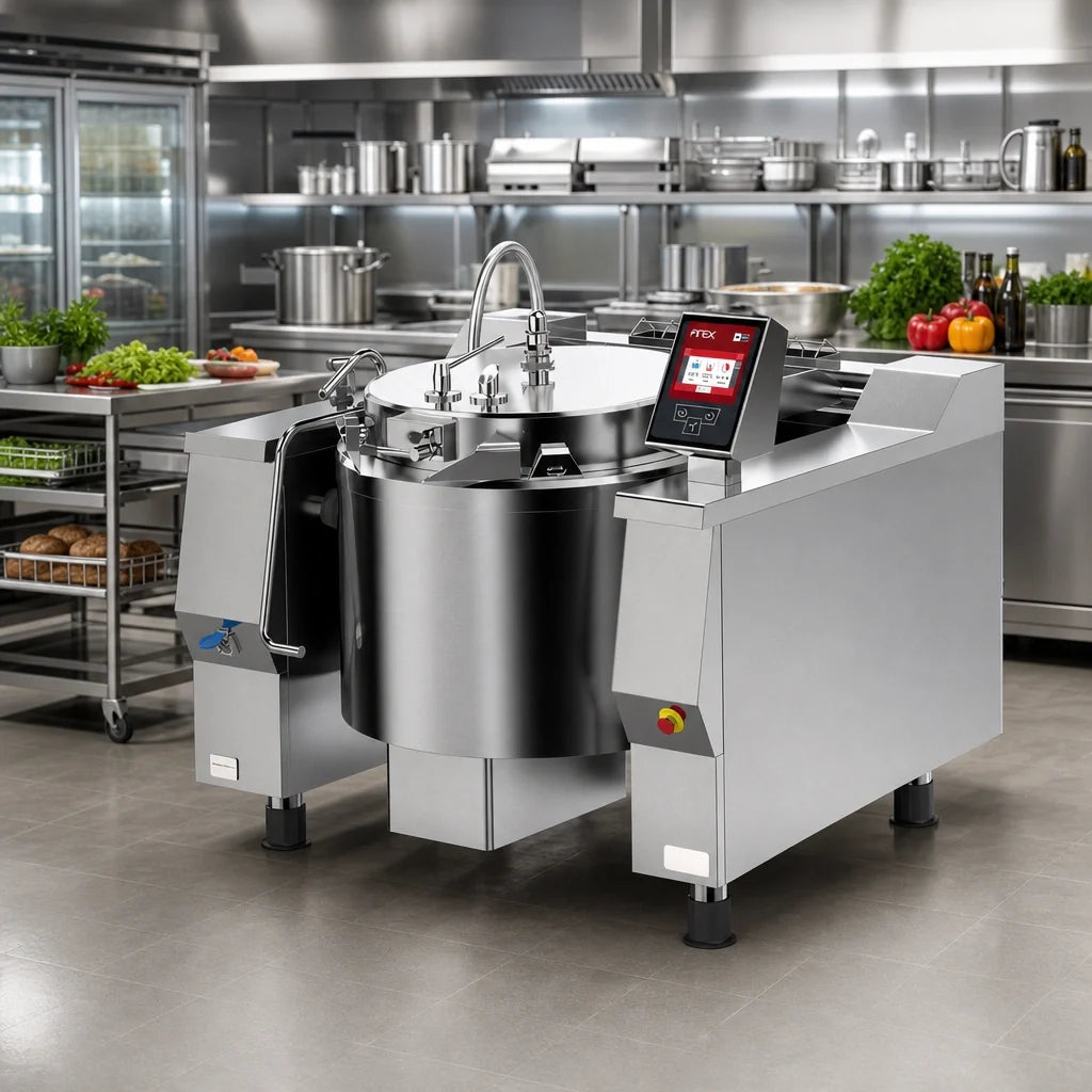 Firex (Middleby) Cucimix UCBTE082ACV1 82-Gallon Electric Tilting Pressure Braising Pan with Programmable Touchscreen and Automatic Mixer