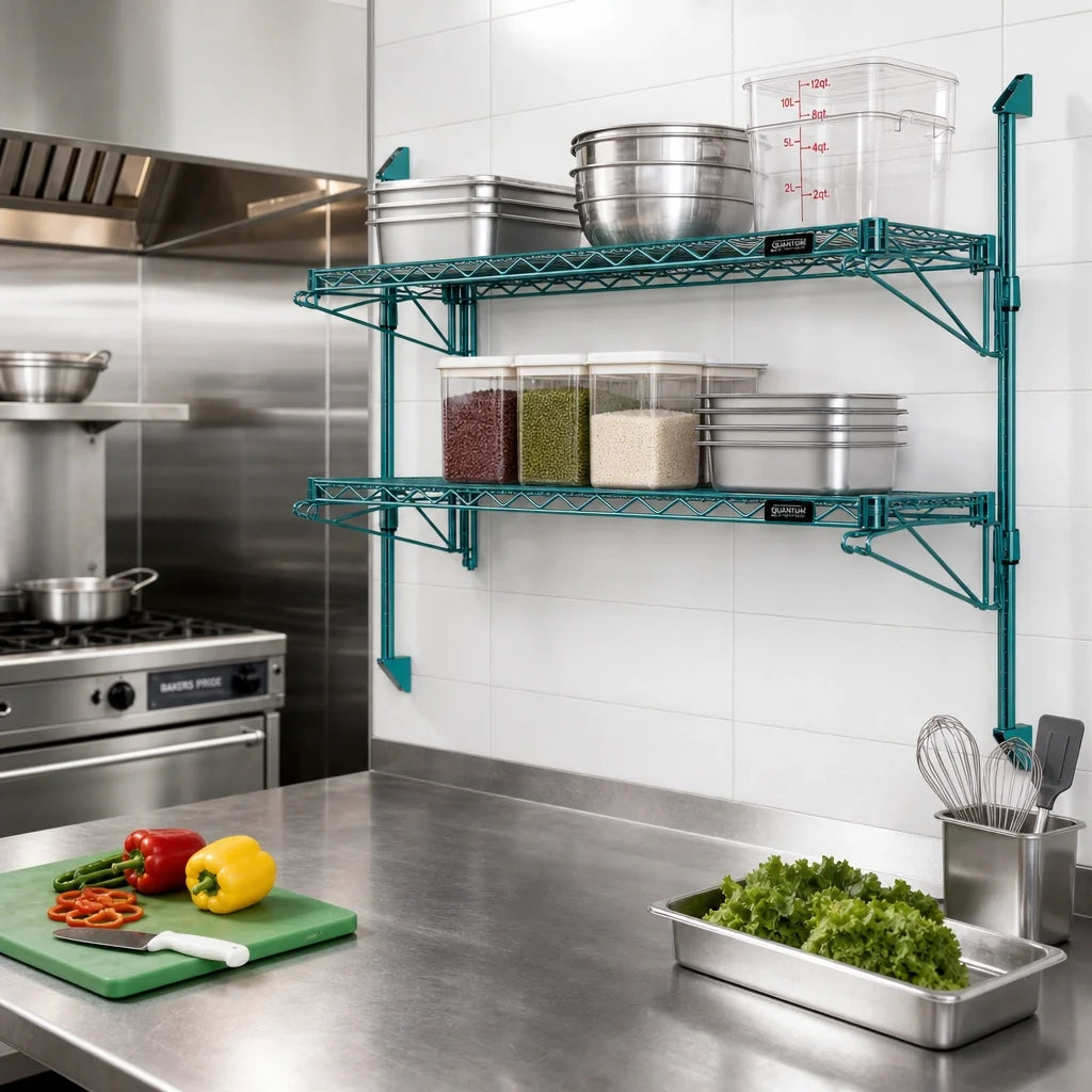 Quantum WC34-CB1448P Green Epoxy Wall-Mount Cantilever Double Wire Shelving Unit, 48 x 14 x 34 Inches