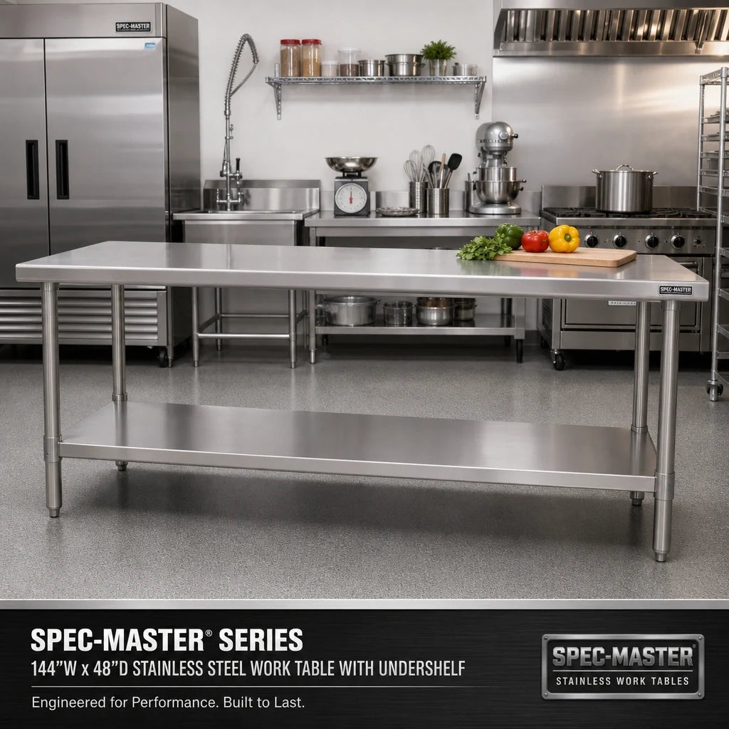 Eagle Group Spec-Master T48144SE 144"W x 48"D Stainless Steel Work Table, Flat Top with Adjustable Undershelf, 14-Gauge 300 Series Top