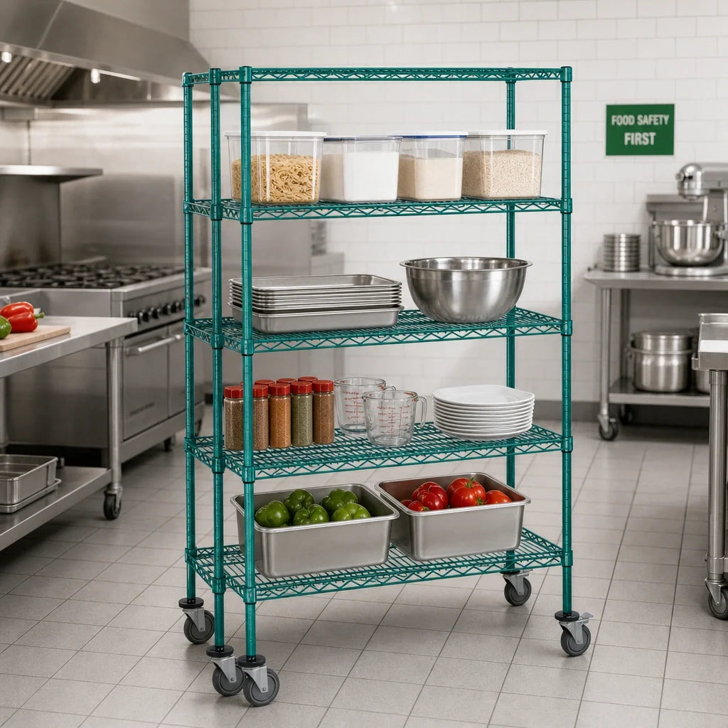 Quantum M1860P46 4-Shelf Mobile Wire Shelving Cart, 60"W x 18"D x 69"H, Green Epoxy Finish