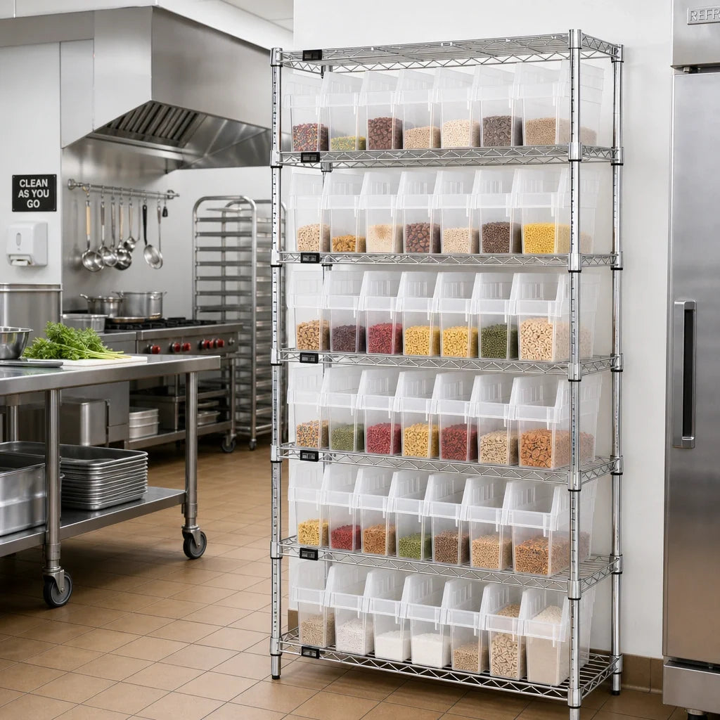 Quantum WR8-801CL Stationary Chrome Bin Wire Shelving Unit, 36"W x 12"D x 74"H, 8 Shelves, 49 Clear Bins