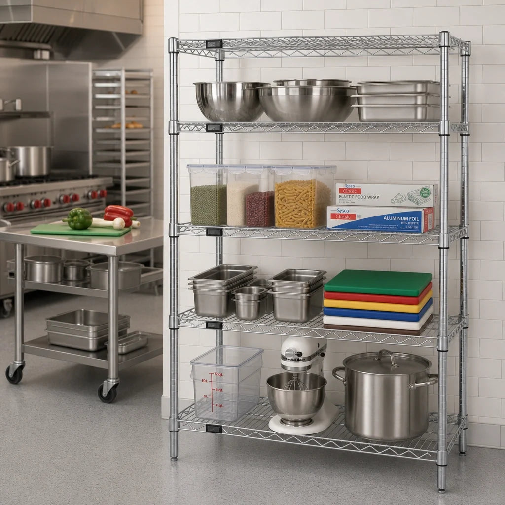 Quantum WR54-1236C 36"W x 12"D x 54"H Stationary Chrome Wire Shelving Starter Kit, 4 Shelves & 4 Posts
