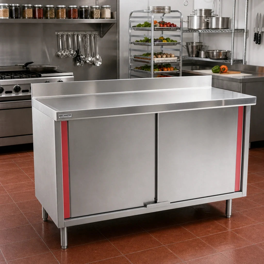 Eagle Group Spec-Master CBH2484SEM-BS 84" x 24" Stainless Steel Enclosed Work Table, 14-Gauge Top, 4-1/2" Backsplash, 4 Doors