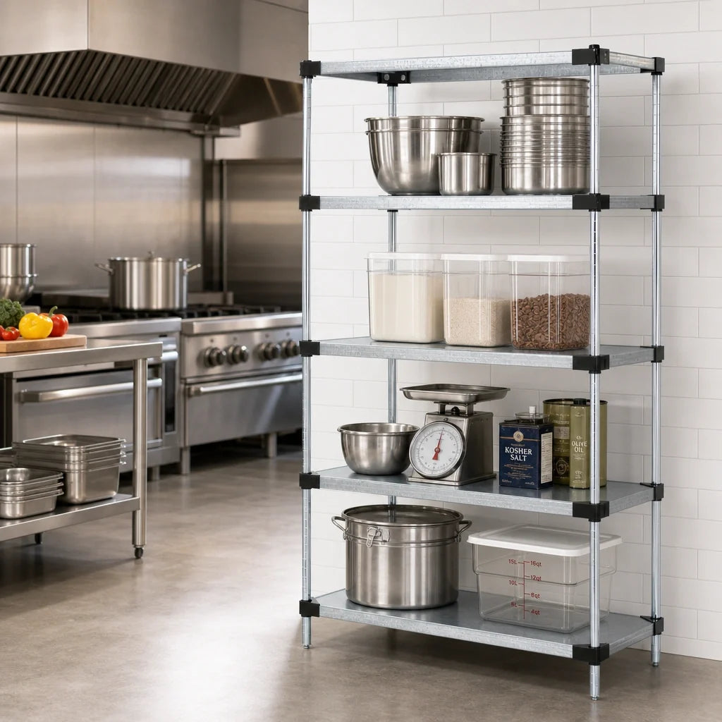 Quantum WR86-1824SG Solid Shelving Starter Unit, 24"W x 18"D x 86"H, 4 Shelves/4 Posts, Galvanized Steel, Chrome Posts
