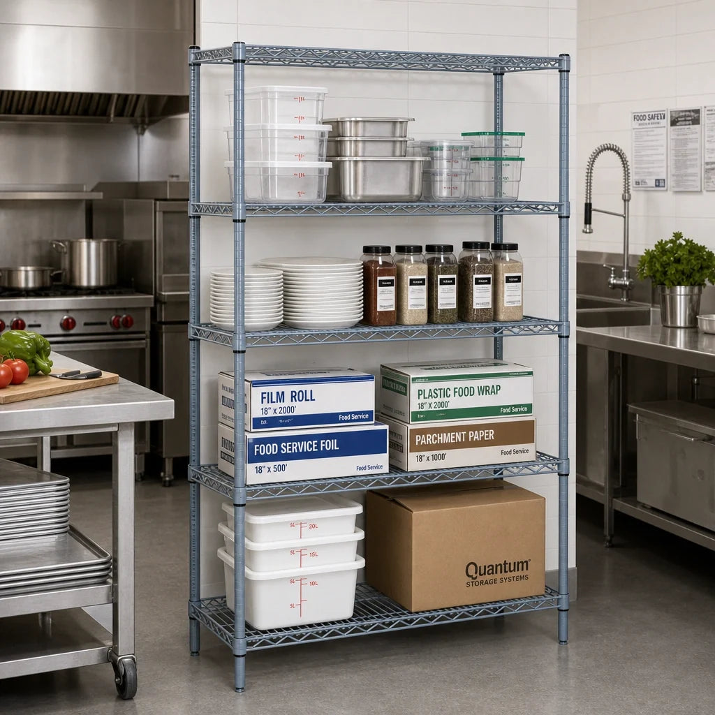Quantum WR86-1248GY Stationary Gray Epoxy Wire Shelving Starter Kit, 48"W x 12"D x 86"H, 4 Shelves, 4 Posts