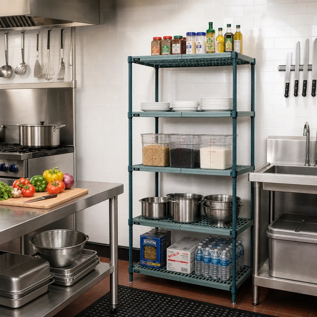 Quantum WR63-1824WPM-5 5-Tier Stationary Wire Plastic Mat Shelving Unit, 24"W x 18"D x 63"H, Green Epoxy Coated