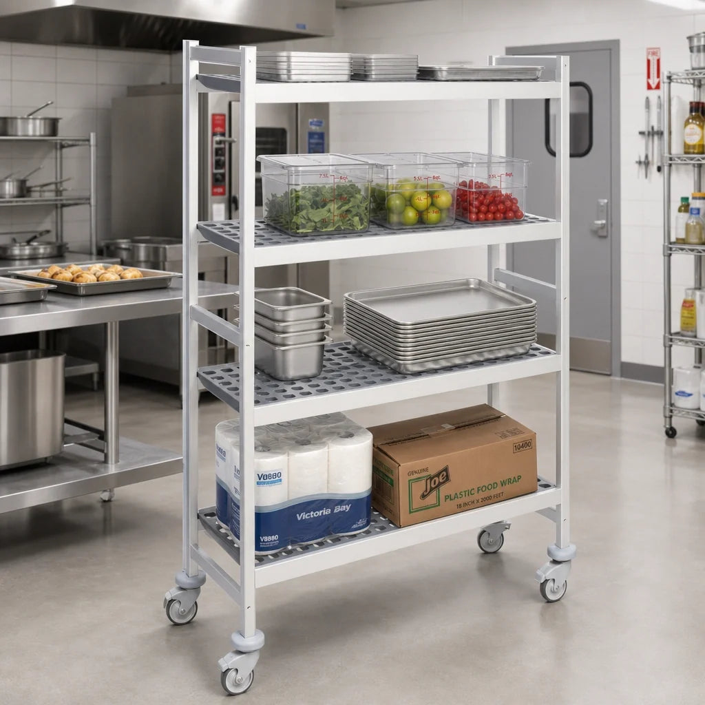 Fermod Fermostock 4R42B71M 4-Tier Mobile Polymer Shelving Unit, 42W x 18D x 71H, Gray, Anodized Aluminum