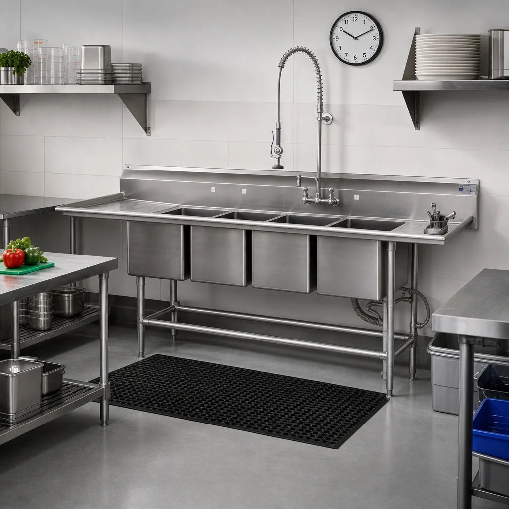 Eagle Group Spec-Master FN2880-4-30L-14/3 Four-Compartment Stainless Steel Sink, 20" x 28" x 14" Bowls, 30" Left Drainboard