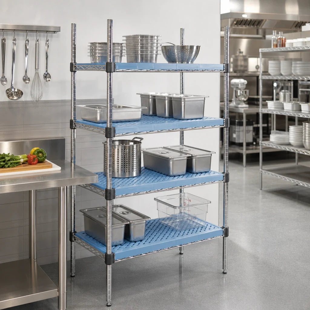 Eagle Group QuadPlus QPF-QA1854C-BL 54" x 18" Blue Louvered Polymer Shelf Mat with Chrome Quad-Adjust Wire Frame Case of 2