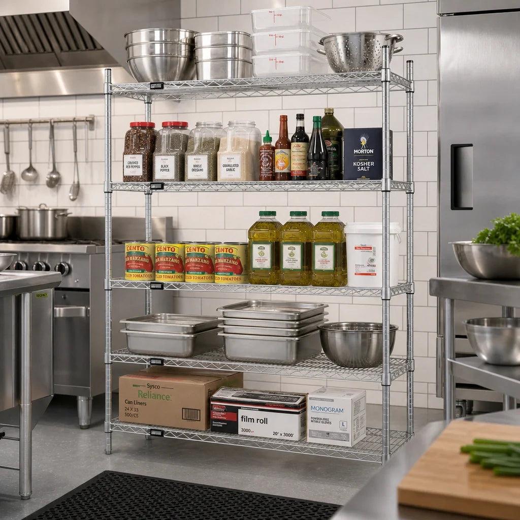 Quantum WR54-1472C-5 5-Shelf Chrome Wire Shelving Starter Kit, 72"W x 14"D x 54"H, Stationary Freestanding