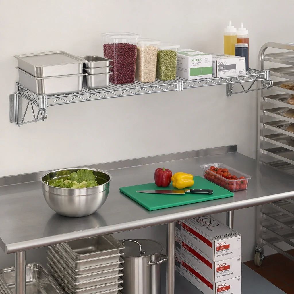 Quantum WDWB2460C Wall-Mount Cantilever Single Wire Shelf, 60W x 24D, Chrome-Plated, NSF