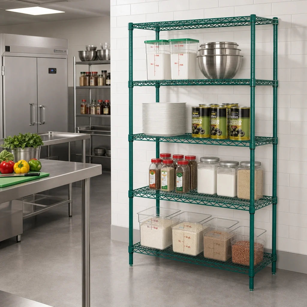 Quantum WR63-2424P-5 Wire Shelving Starter Unit, 24"W x 24"D x 63"H, 5 Shelves, Green Epoxy Antimicrobial Finish