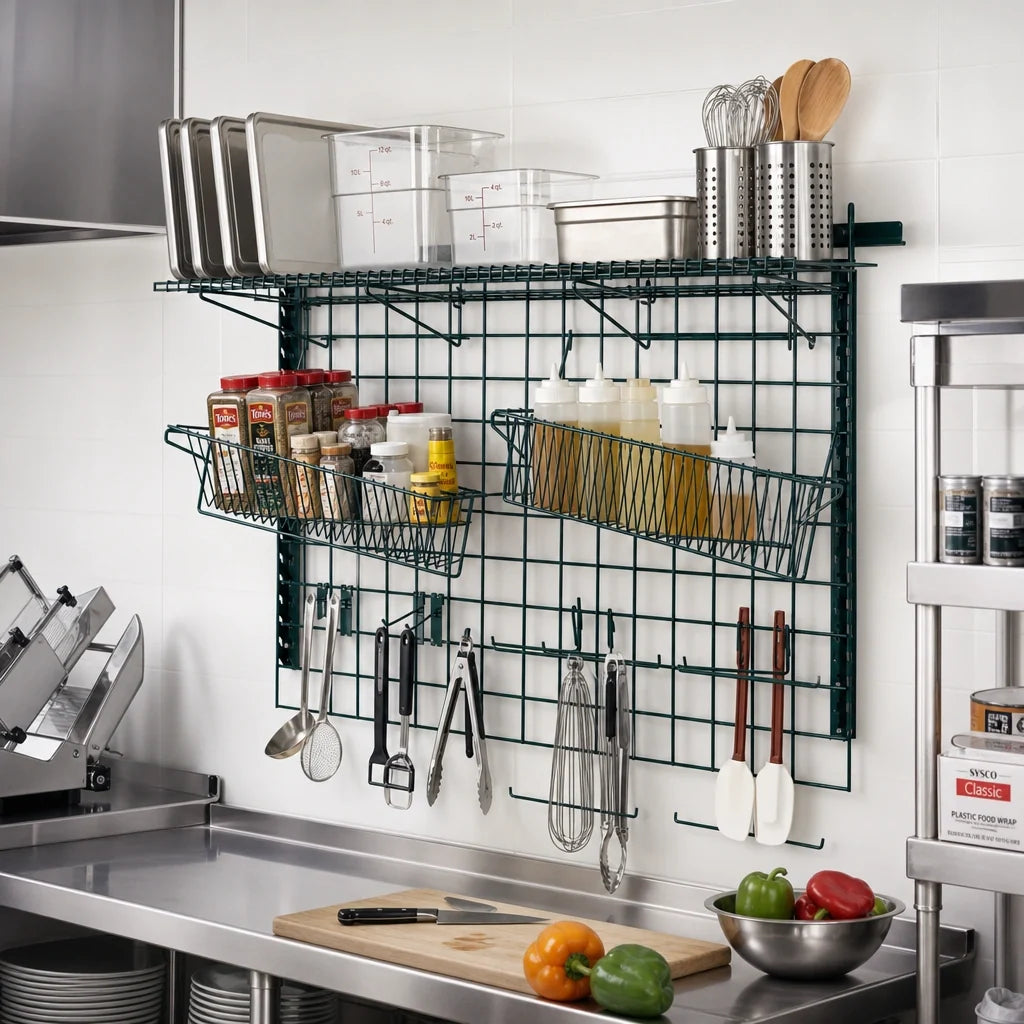 Quantum Store Grid SGK-563048-1P Wall-Mounted Medium-Duty Storage Grid Starter Kit with Tray Drying Racks, Green Epoxy Antimicrobial Finish