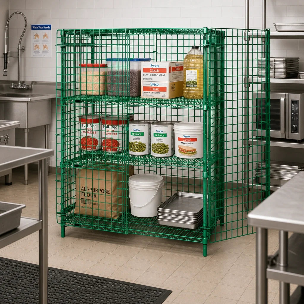 Quantum 2448-63SECP-2 Stationary Wire Security Cage, 48"W x 24"D x 63"H, 2 Intermediate Shelves, Green Epoxy Finish