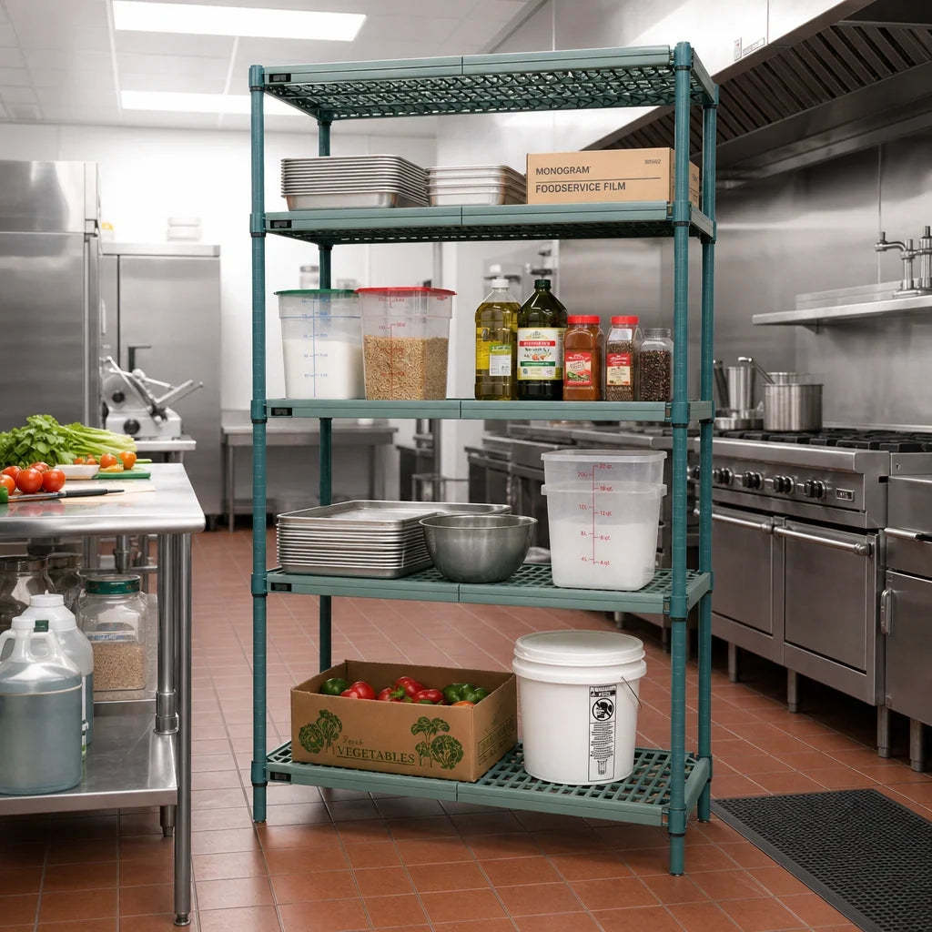 Quantum WR86-2142WPM 4-Tier Stationary Wire Plastic Mat Shelving Unit, 42W x 21D x 86H, Green Epoxy