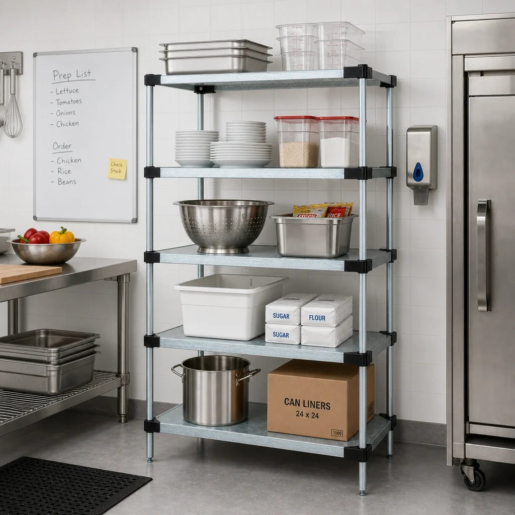 Quantum WR63-2124SG-5 Solid Shelving Starter Kit, 24-Inch W x 21-Inch D x 63-Inch H, 5 Solid Shelves, Galvanized Steel, Chrome Posts