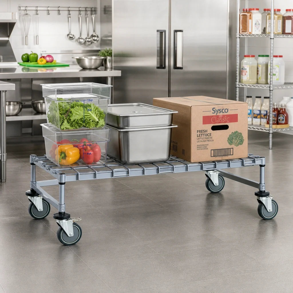 Quantum M18306DGY Mobile Wire Dunnage Platform Rack, 60"W x 18"D x 12"H, Gray Epoxy Antimicrobial Finish