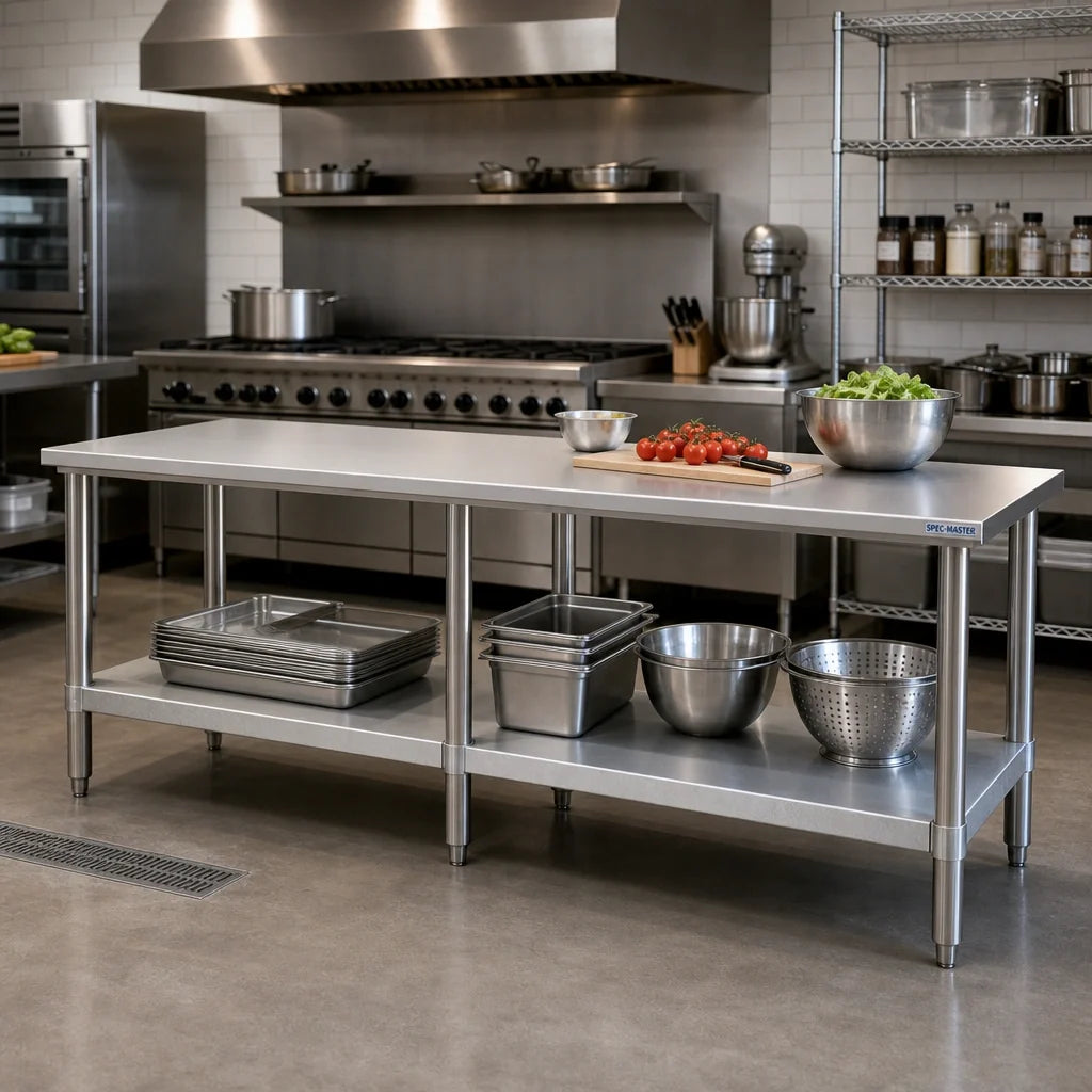 Eagle Group Spec-Master T48144E 144"W x 48"D 14-Gauge 300 Series Stainless Steel Work Table with Galvanized Undershelf