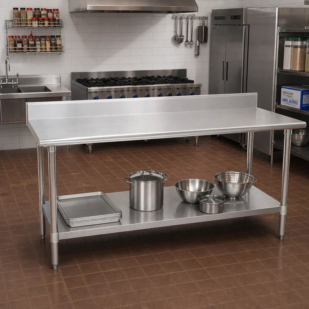 Eagle Group Deluxe T24144EB-BS 144-Inch x 24-Inch Stainless Steel Work Table with 4-1/2-Inch Backsplash and Adjustable Undershelf