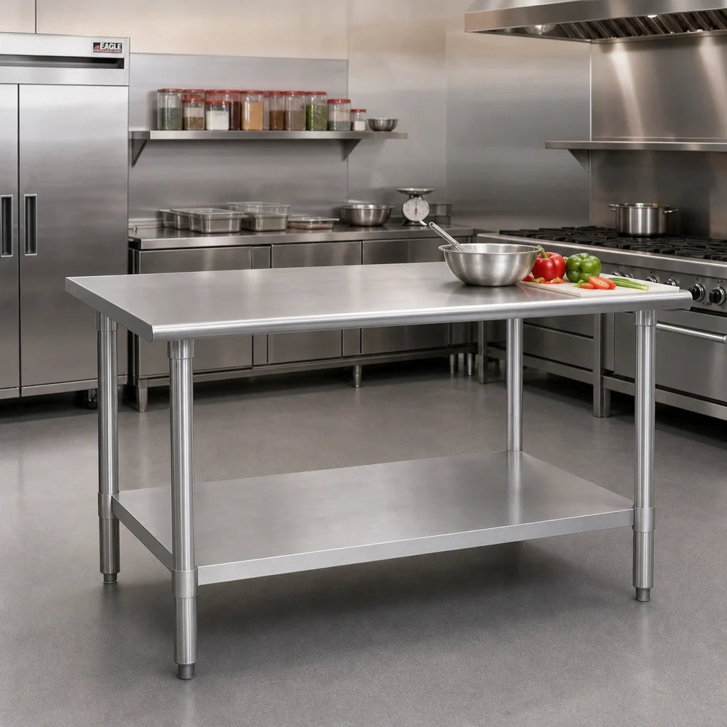 Eagle Group Spec-Master T4860E 60 x 48 Inch Stainless Steel Work Table with Adjustable Galvanized Undershelf, 14-Gauge 300-Series Top