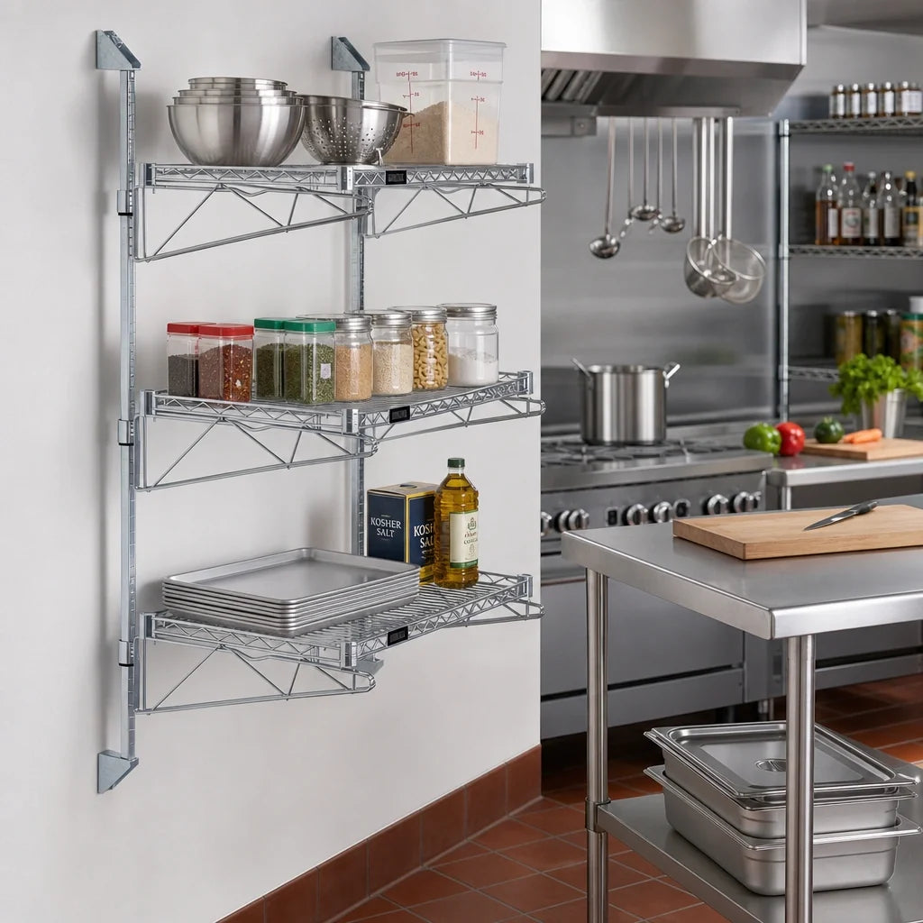 Quantum WC54-CB1436GY Wall-Mounted Cantilever Starter Shelf Kit with 3 Wire Shelves, 54-Inch Posts, Gray Epoxy Finish