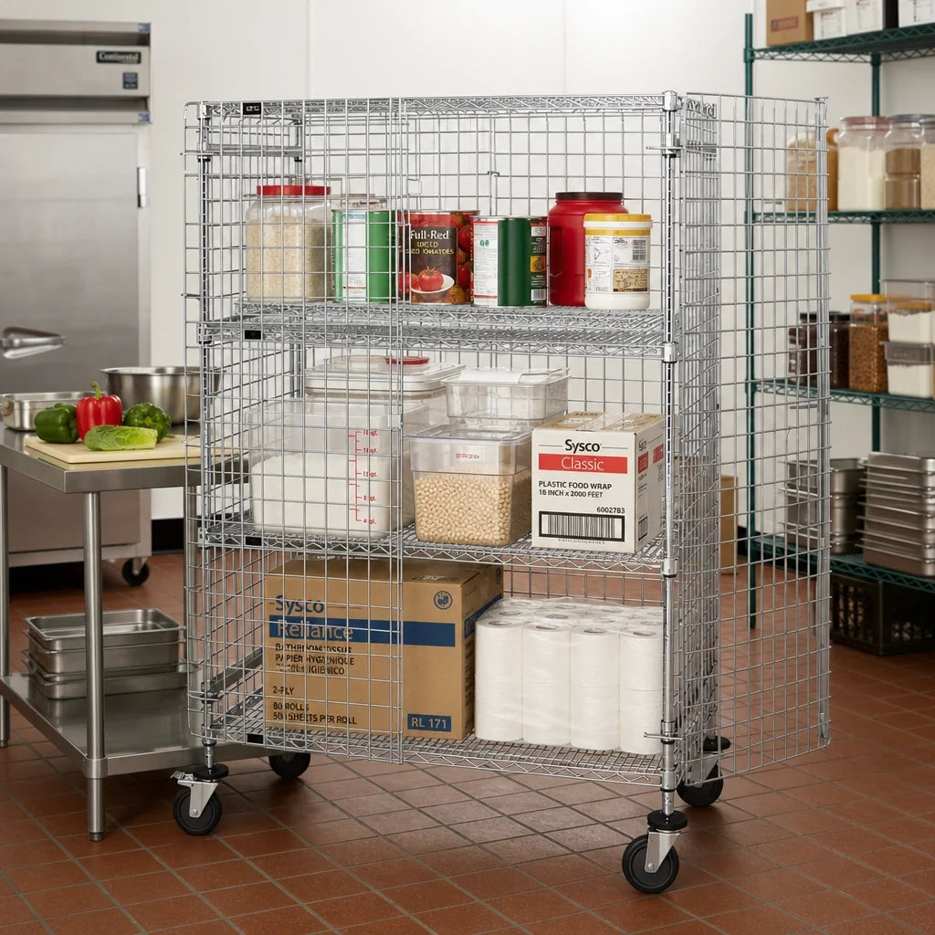 Quantum M2136-69SEC-2 Mobile Wire Security Cage with Locking Doors, 2 Intermediate Shelves, Chrome, 36 x 21 x 69 Inches
