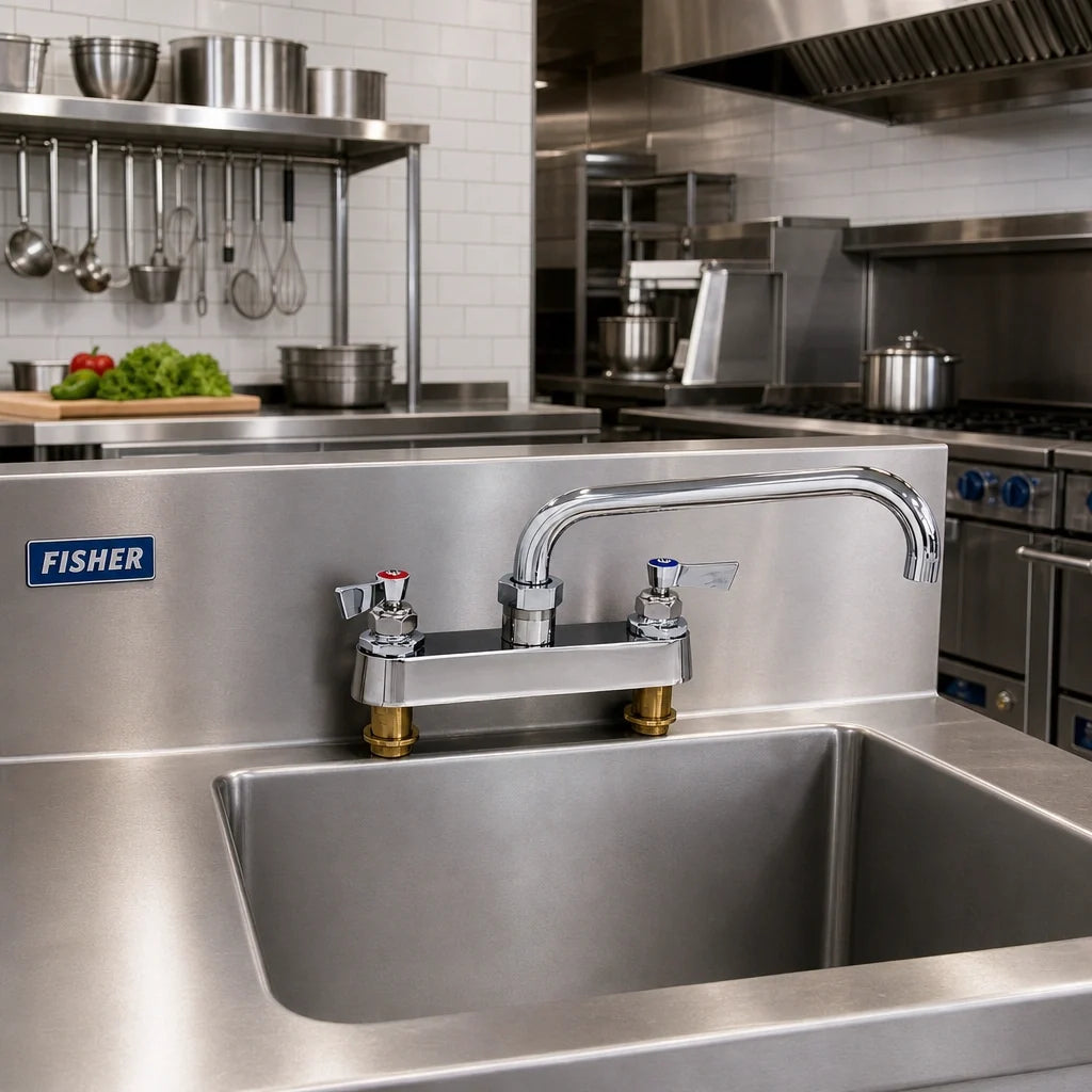 Fisher 5314 Commercial Deck-Mount Manual Faucet, 8-Inch Centers, 14-Inch Swing Spout, Lever Handle