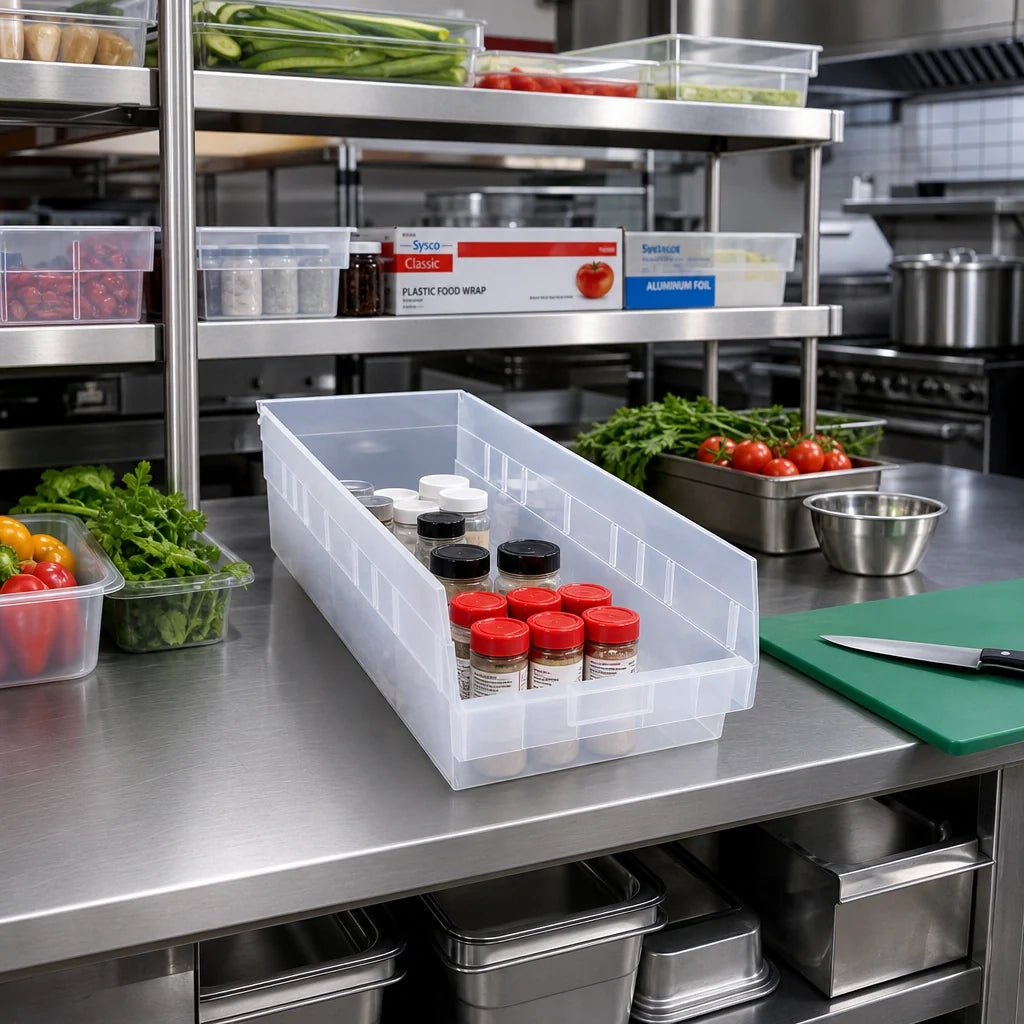 Quantum QSB216CL Nesting Clear Polypropylene Shelf Bin, 11-1/8 x 23-5/8 x 6 Inches, 7 Divider Slots Case of 6