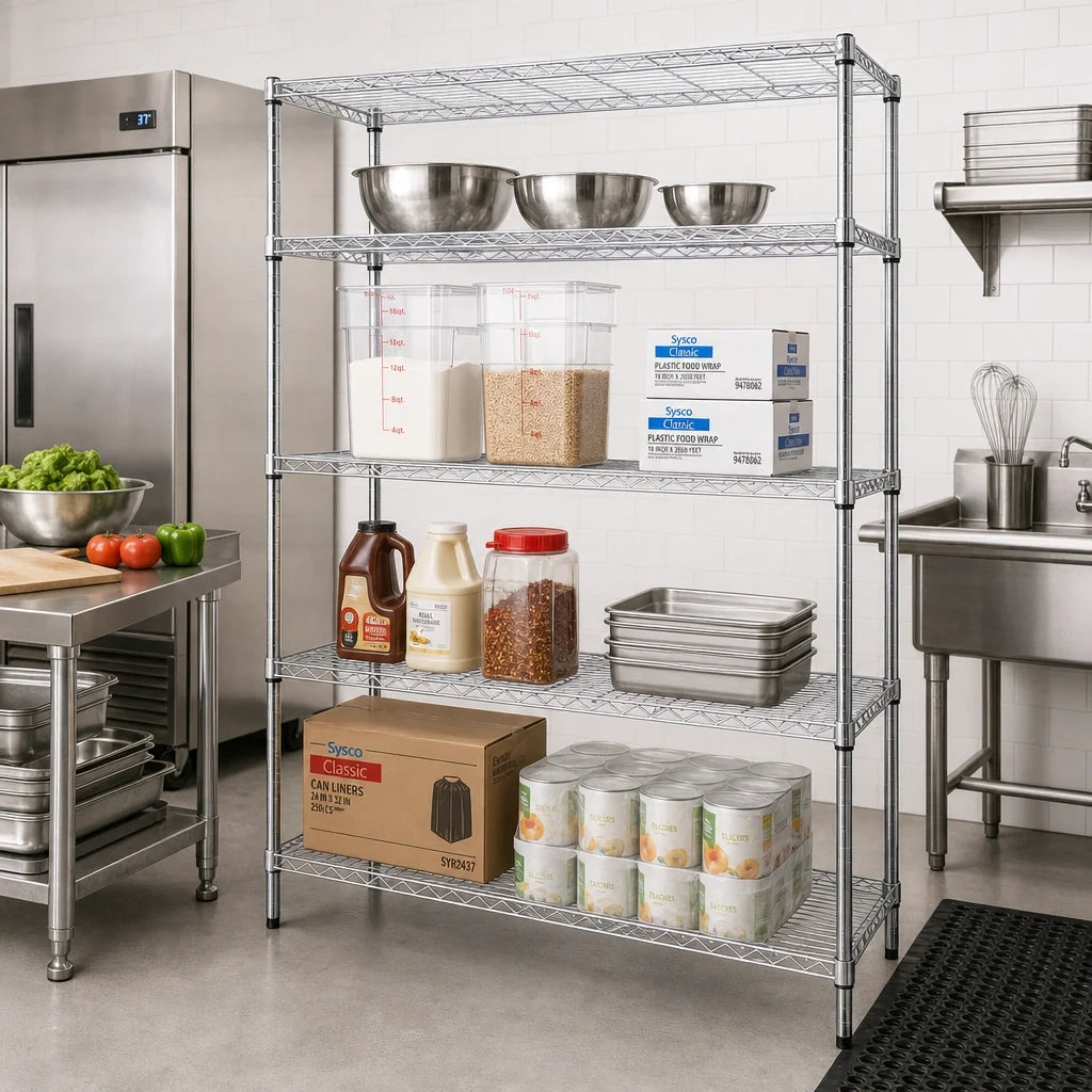 Quantum RWR72-1848LD 4-Shelf Chrome Wire Shelving Unit, 48"W x 18"D x 72"H, Stationary