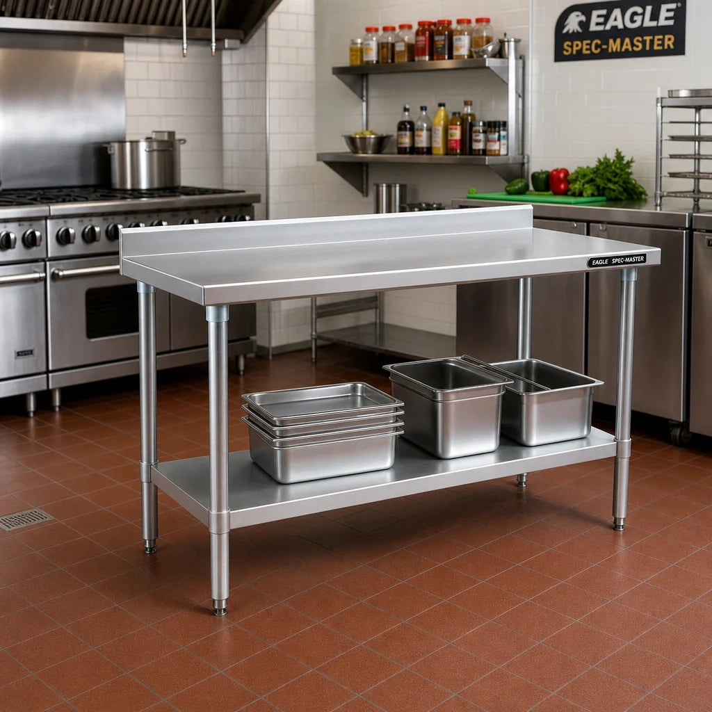 Eagle Group Spec-Master T2448SE-BS 48-Inch x 24-Inch Stainless Steel Work Table with 14-Gauge Top, 4-1/2-Inch Backsplash and Adjustable Undershelf