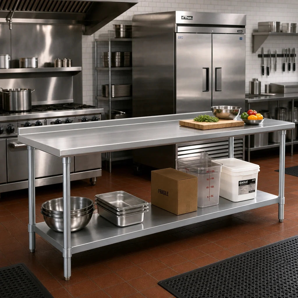 Eagle Group Spec-Master UT24108SE Stainless Steel Work Table, 108 x 24 in, 1-1/2 in Rear Up-Turn, Open Base with Adjustable Undershelf