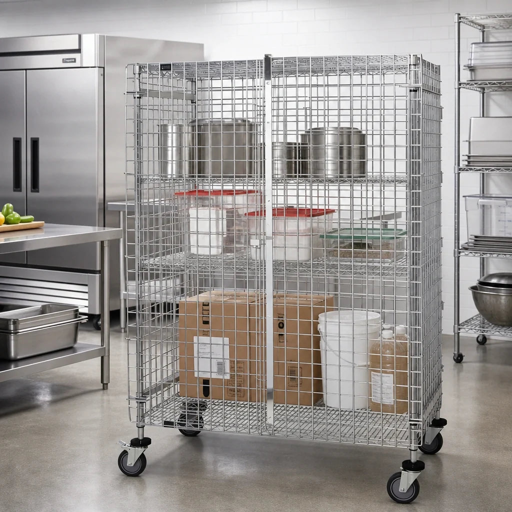 Quantum M1848-69SEC Mobile Wire Security Cage with Locking Doors, Chrome, 48W x 18D x 69H
